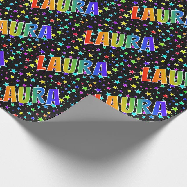 Papier Cadeau Prénom arc-en-ciel "LAURA" + Étoiles (Coin)