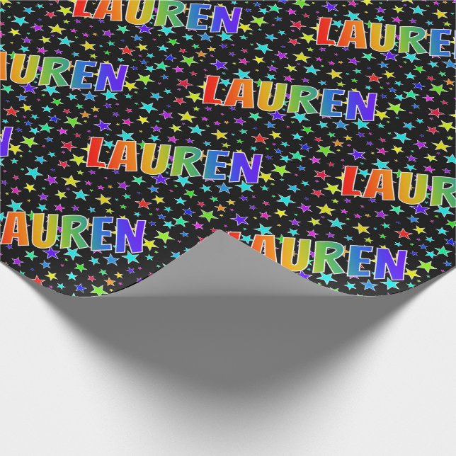 Papier Cadeau Prénom arc-en-ciel "LAUREN" + Étoiles (Coin)