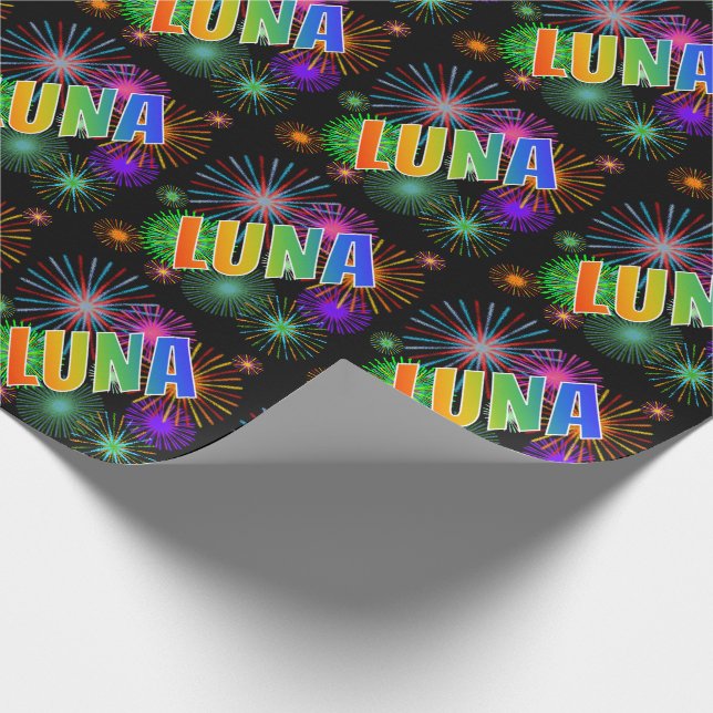 Papier Cadeau Prénom arc-en-ciel "LUNA" + Feu d'artifice (Coin)
