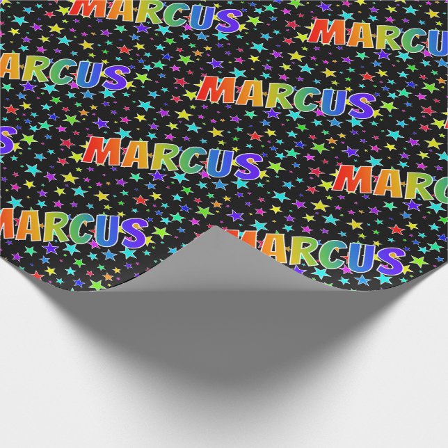Papier Cadeau Prénom arc-en-ciel "MARCUS" + Étoiles (Coin)