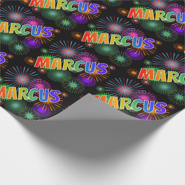 Papier Cadeau Prénom arc-en-ciel "MARCUS" + feux d'artifice (Coin)