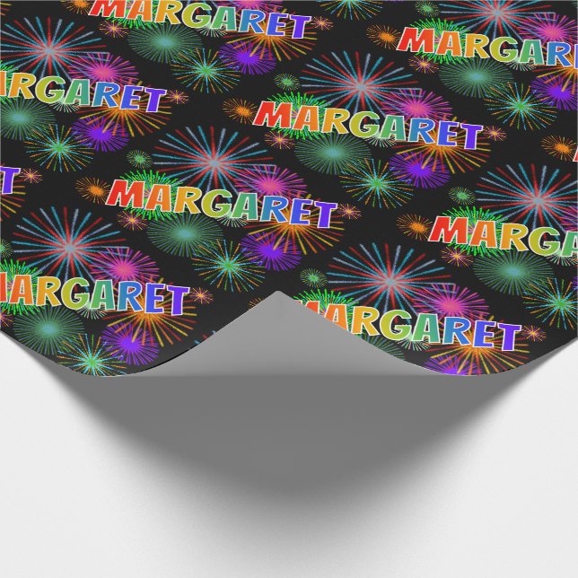 Papier Cadeau Prénom Arc-en-ciel "MARGARET" + Feu d'artifice (Coin)