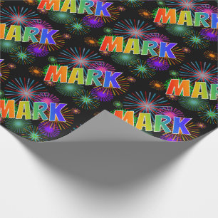 Papier Cadeau Prénom arc-en-ciel "MARK" + feux d'artifice
