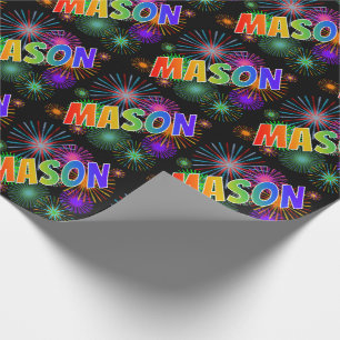 Papier Cadeau Prénom arc-en-ciel "MASON" + feux d'artifice
