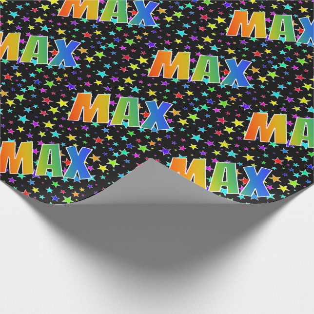 Papier Cadeau Prénom arc-en-ciel "MAX" + Étoiles (Coin)