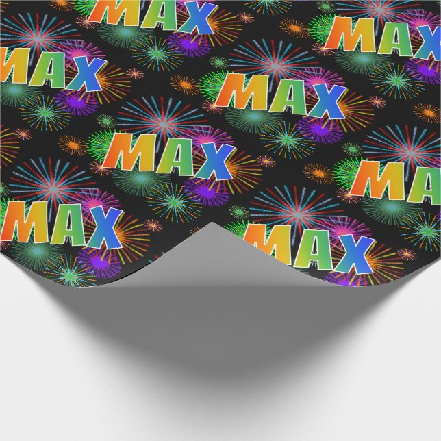 Papier Cadeau Prénom arc-en-ciel "MAX" + feux d'artifice (Coin)