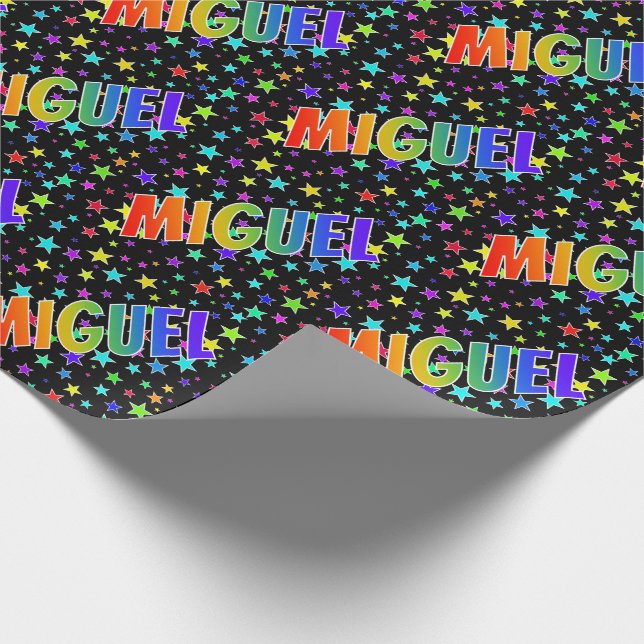 Papier Cadeau Prénom Arc-en-ciel "MIGUEL" + Étoiles (Coin)
