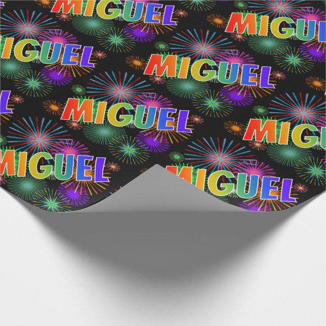 Papier Cadeau Prénom arc-en-ciel "MIGUEL" + Feu d'artifice (Coin)