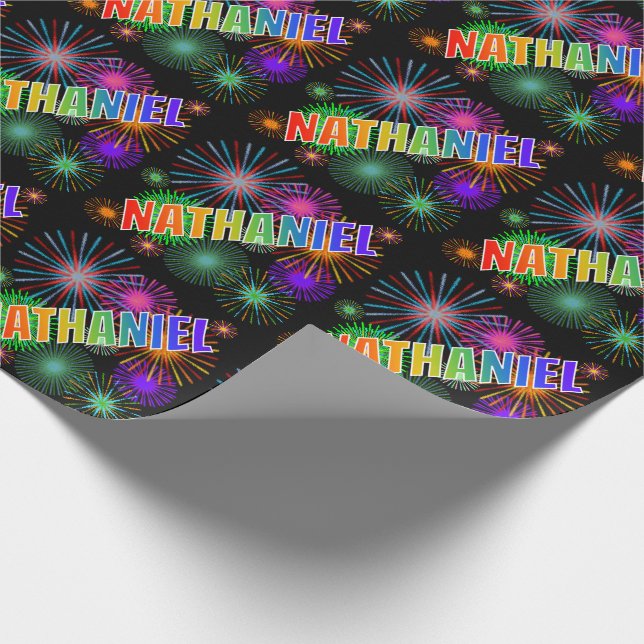 Papier Cadeau Prénom arc-en-ciel "NATHANIEL" + Feu d'artifice (Coin)