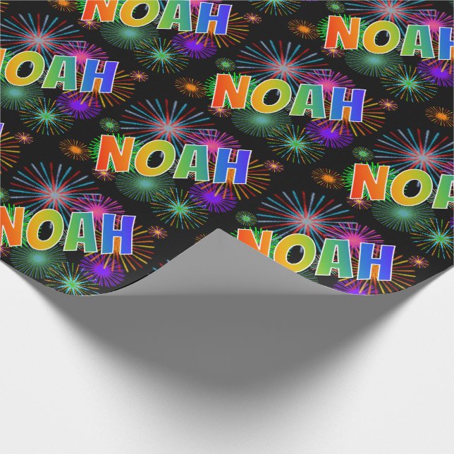 Papier Cadeau Prénom arc-en-ciel "NOAH" + feux d'artifice (Coin)