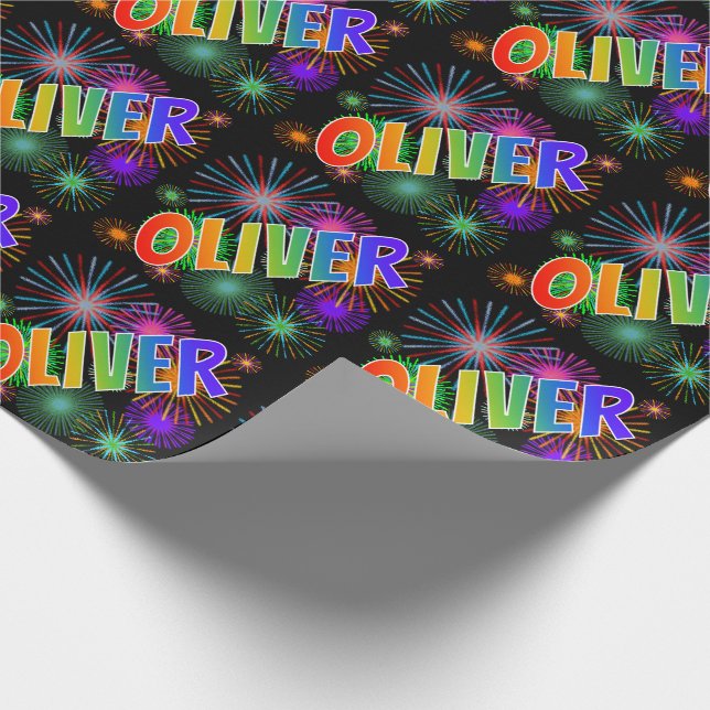 Papier Cadeau Prénom arc-en-ciel "OLIVER" + Feu d'artifice (Coin)