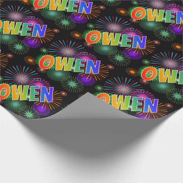 Papier Cadeau Prénom arc-en-ciel "OWEN" + Fireworks (Coin)