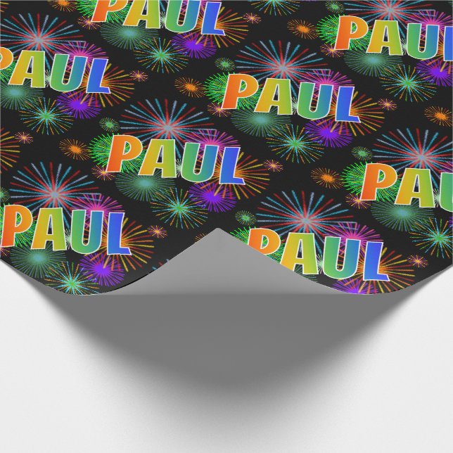 Papier Cadeau Prénom Arc-en-ciel "PAUL" + Feu d'artifice (Coin)