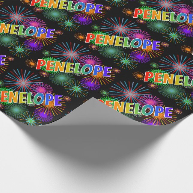 Papier Cadeau Prénom arc-en-ciel "PENELOPE" + Feu d'artifice (Coin)