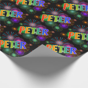 Papier Cadeau Prénom arc-en-ciel "PETER" + Feux d'artifice