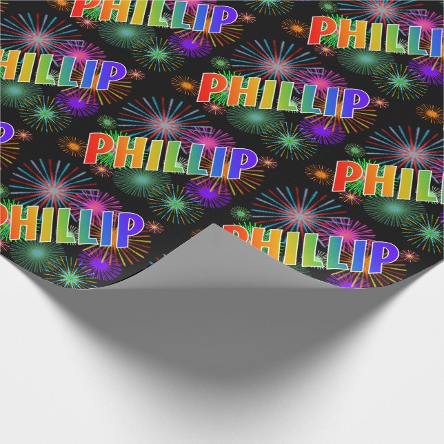 Papier Cadeau Prénom arc-en-ciel "PHILLIP" + feux d'artifice (Coin)
