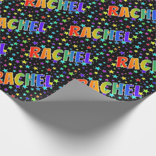 Papier Cadeau Prénom arc-en-ciel "RACHEL" + Étoiles (Coin)