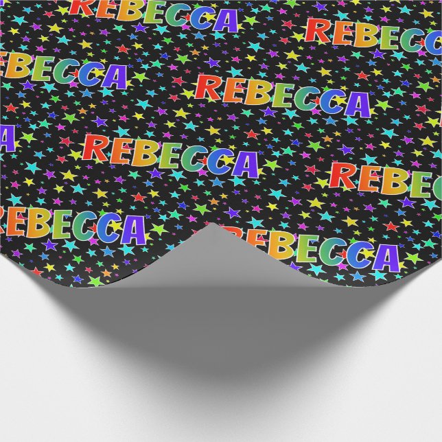 Papier Cadeau Prénom Arc-en-ciel "REBECCA" + Étoiles (Coin)
