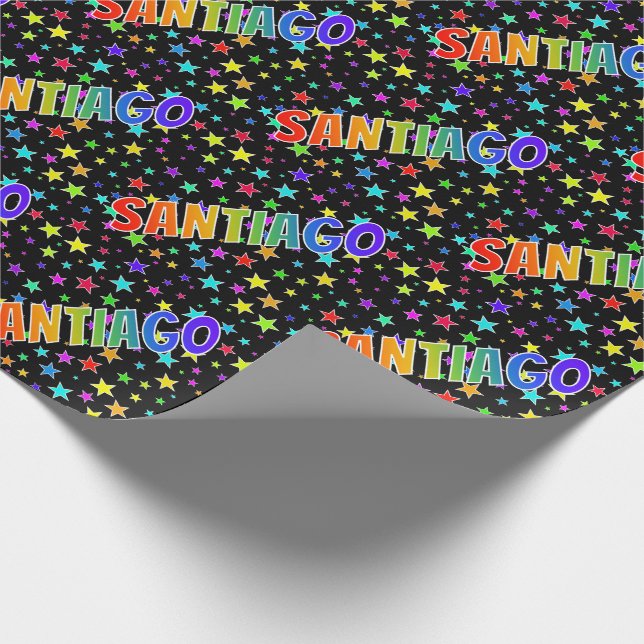 Papier Cadeau Prénom arc-en-ciel "SANTIAGO" + Étoiles (Coin)