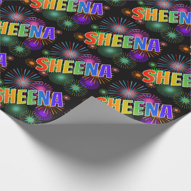 Papier Cadeau Prénom arc-en-ciel "SHEENA" + feux d'artifice (Coin)