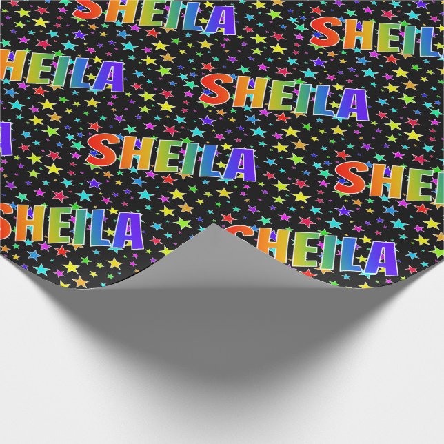 Papier Cadeau Prénom arc-en-ciel "SHEILA" + Étoiles (Coin)