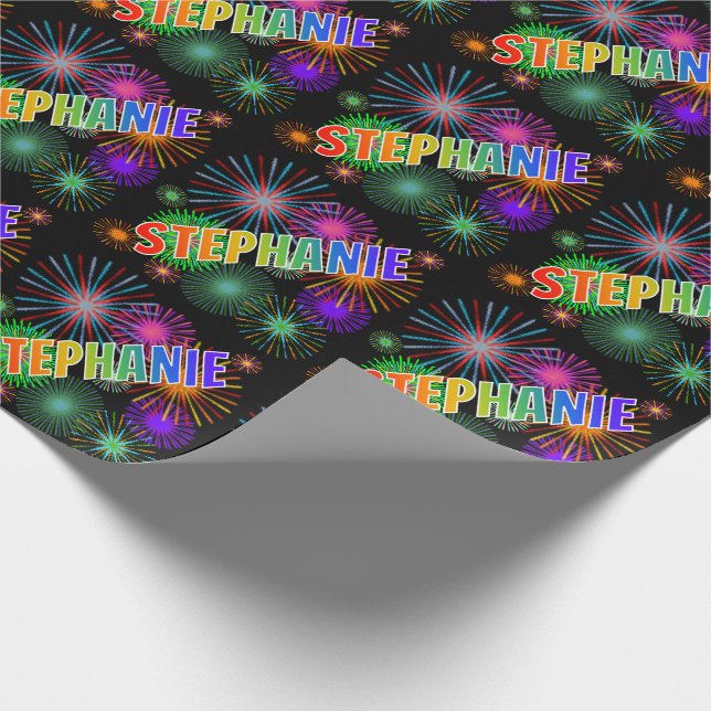 Papier Cadeau Prénom arc-en-ciel "STEPHANIE" + Feu d'artifice (Coin)