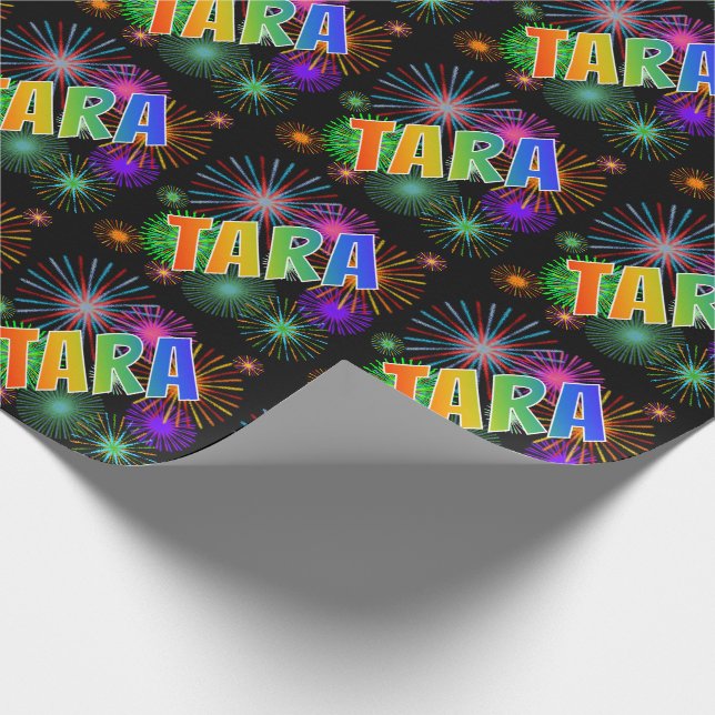 Papier Cadeau Prénom arc-en-ciel "TARA" + feux d'artifice (Coin)