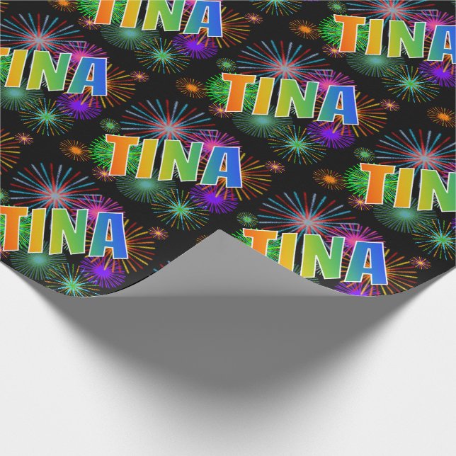 Papier Cadeau Prénom arc-en-ciel "TINA" + feux d'artifice (Coin)