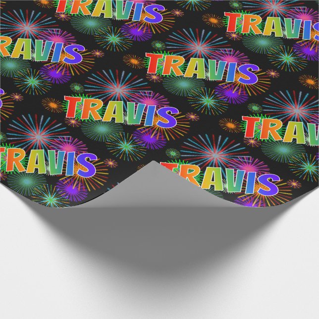 Papier Cadeau Prénom arc-en-ciel "TRAVIS" + Fireworks (Coin)