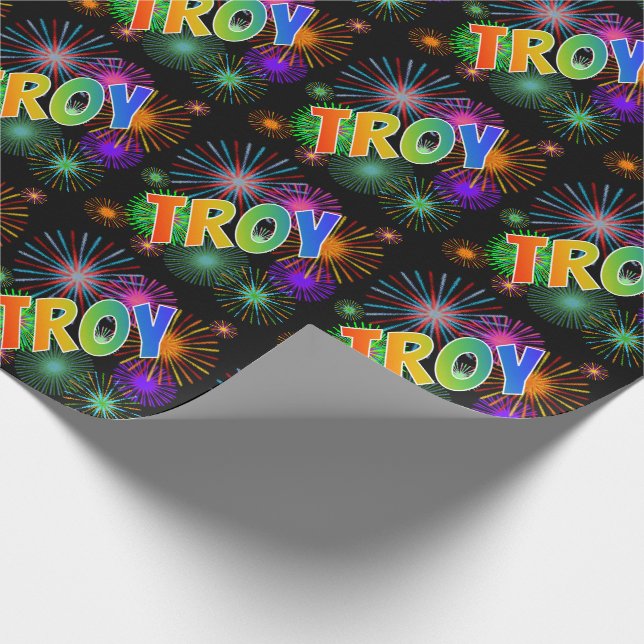 Papier Cadeau Prénom arc-en-ciel "TROY" + feux d'artifice (Coin)