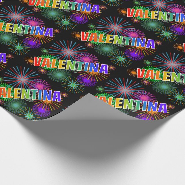 Papier Cadeau Prénom arc-en-ciel "VALENTINA" + feux d'artifice (Coin)