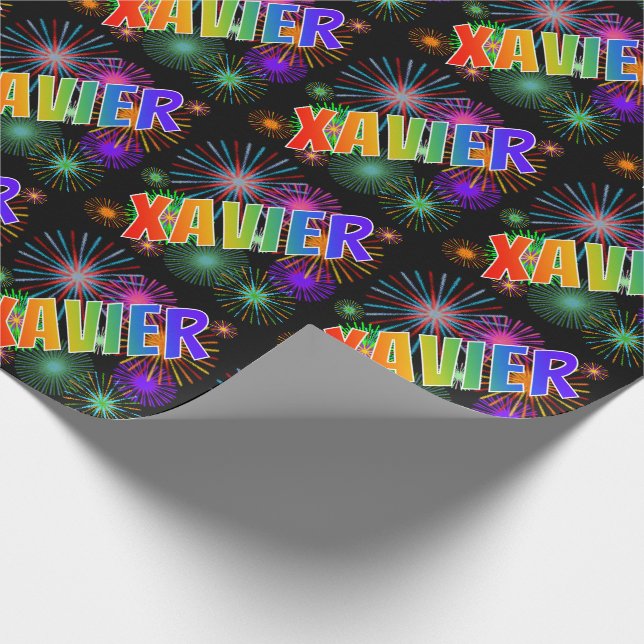 Papier Cadeau Prénom arc-en-ciel "XAVIER" + Fireworks (Coin)