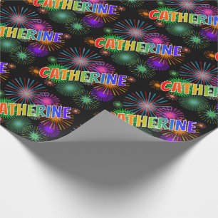 Papier Cadeau Prénom "CATHERINE" d'arc-en-ciel + Feux d'artifice