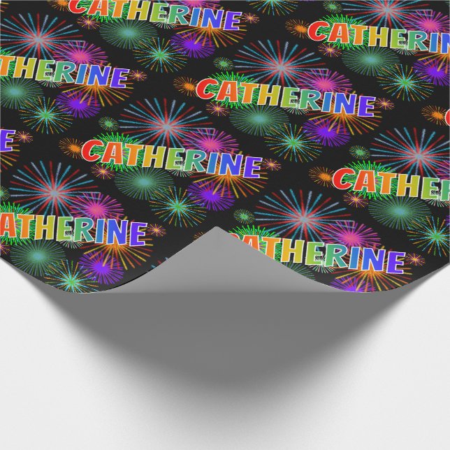 Papier Cadeau Prénom "CATHERINE" d'arc-en-ciel + Feux d'artifice (Coin)