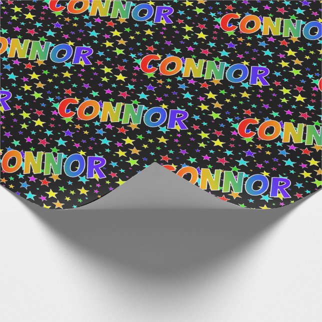 Papier Cadeau Prénom "CONNOR" d'arc-en-ciel + Étoiles (Coin)