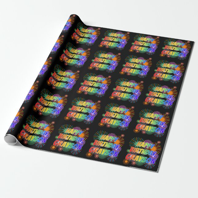 Papier Cadeau Prénom "GRAYSON", Amusant "HEUREUX ANNIVERSAIRE" (Déroulé)