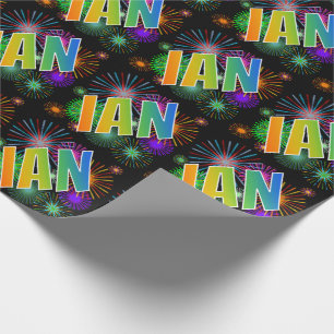 Papier Cadeau Prénom "IAN" d'arc-en-ciel + Feux d'artifice