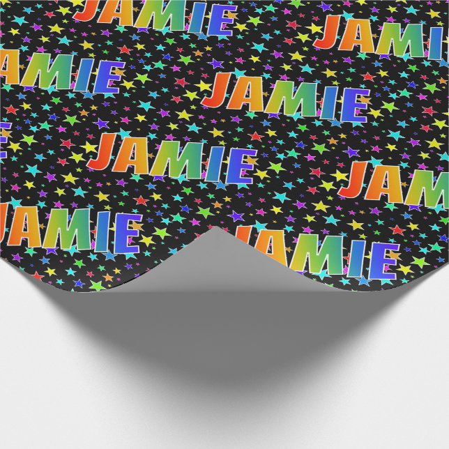 Papier Cadeau Prénom "JAMIE" d'arc-en-ciel + Étoiles (Coin)