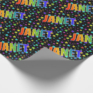 Papier Cadeau Prénom "JANET" d'arc-en-ciel + Étoiles