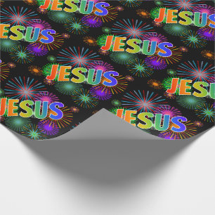 Papier Cadeau Prénom "JÉSUS" d'arc-en-ciel + Feux d'artifice