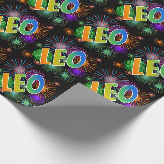 Papier Cadeau Prénom "LION" d'arc-en-ciel + Feux d'artifice (Coin)