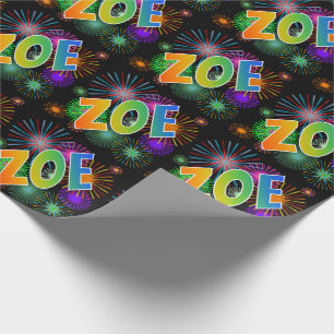 Papier Cadeau Prénom "ZOE" d'arc-en-ciel + Feux d'artifice
