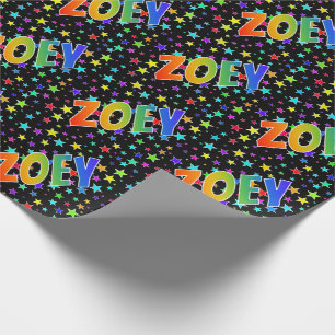Papier Cadeau Prénom "ZOEY" d'arc-en-ciel + Étoiles