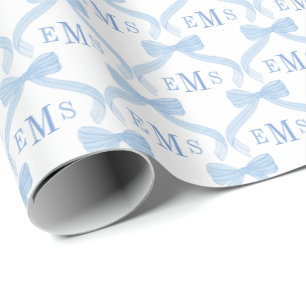 Papier Cadeau Préparatifs Monogramme Bleu Nœuds Bébé Garçon 