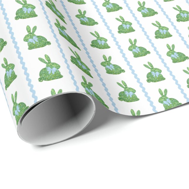 Papier Cadeau Preppwood Boxwood Bunny Boy Blue Ribbon Baby showe (Coin rond)