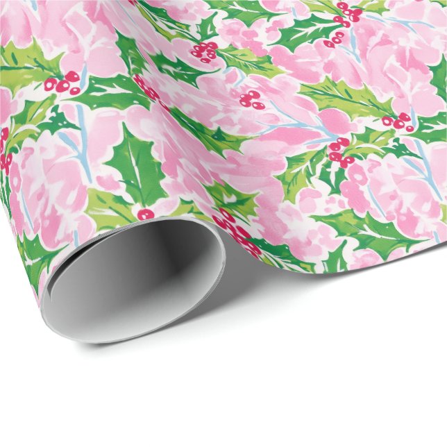 Papier Cadeau Preppy Palm Beach Christmas Holly (Coin rond)