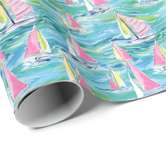 Papier Cadeau Preppy Palm Beach Imprimer Bateaux à voile rose (Coin rond)