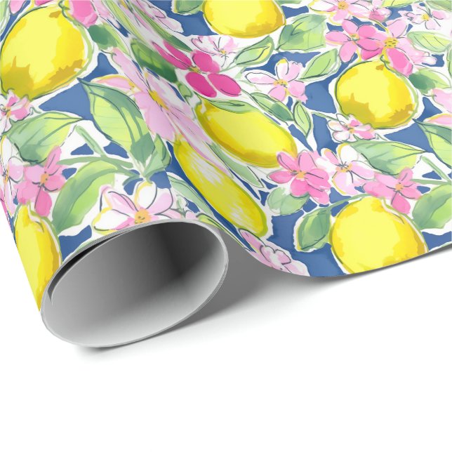 Papier Cadeau Preppy Palm Beach Imprimer Citrons bleu et jaune (Coin rond)