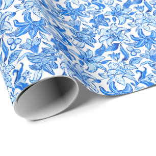 Papier Cadeau Preppy Palm Beach Imprimer Fleurs bleues et blanch