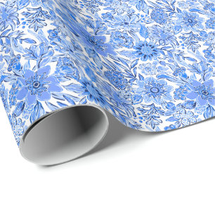 Papier Cadeau Preppy Palm Beach Imprimer Fleurs bleues et blanch